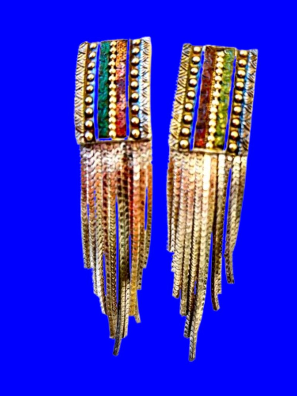 Vintage Turkish Metal Earrings Chain Fringe Dangle Tri-color CLIP-ON